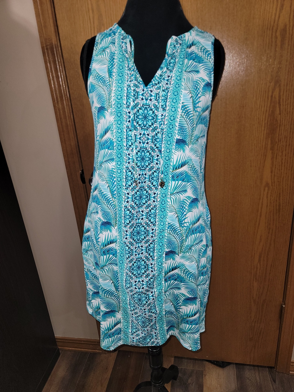 Tommy Bahama Blue Tropical Palm Print Sleeveless Shift Dress Medium - Picture 2 of 11
